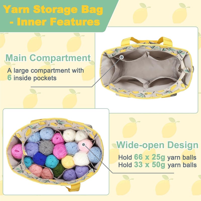 Aeelike Yarn Storage Organizer Travel Crochet Bag, Large Capacity Tote Bag Knitting Bag for Carrying Projects, Knitting Needles, Crochet Hooks and Yarn, Fruit Yellow Lemon - Image 3